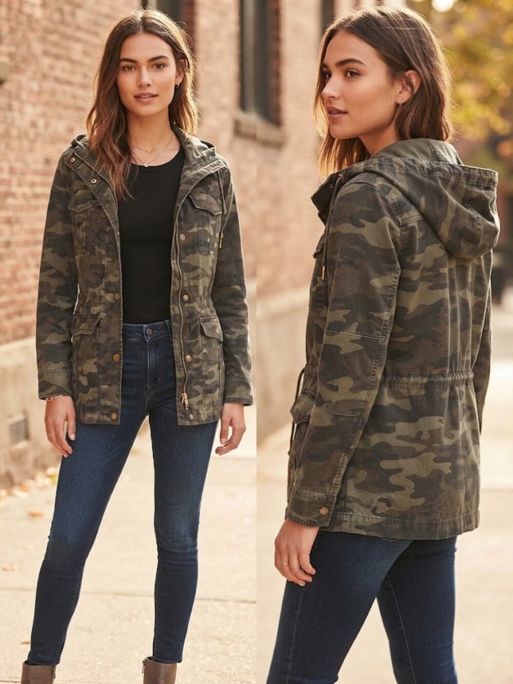 Lucky Brand Women's Green Camo Utility Jacket Quilted Lined Hooded Parka Size M